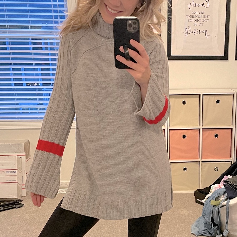 RD Style Grey with Red Detail Turtleneck Sweater